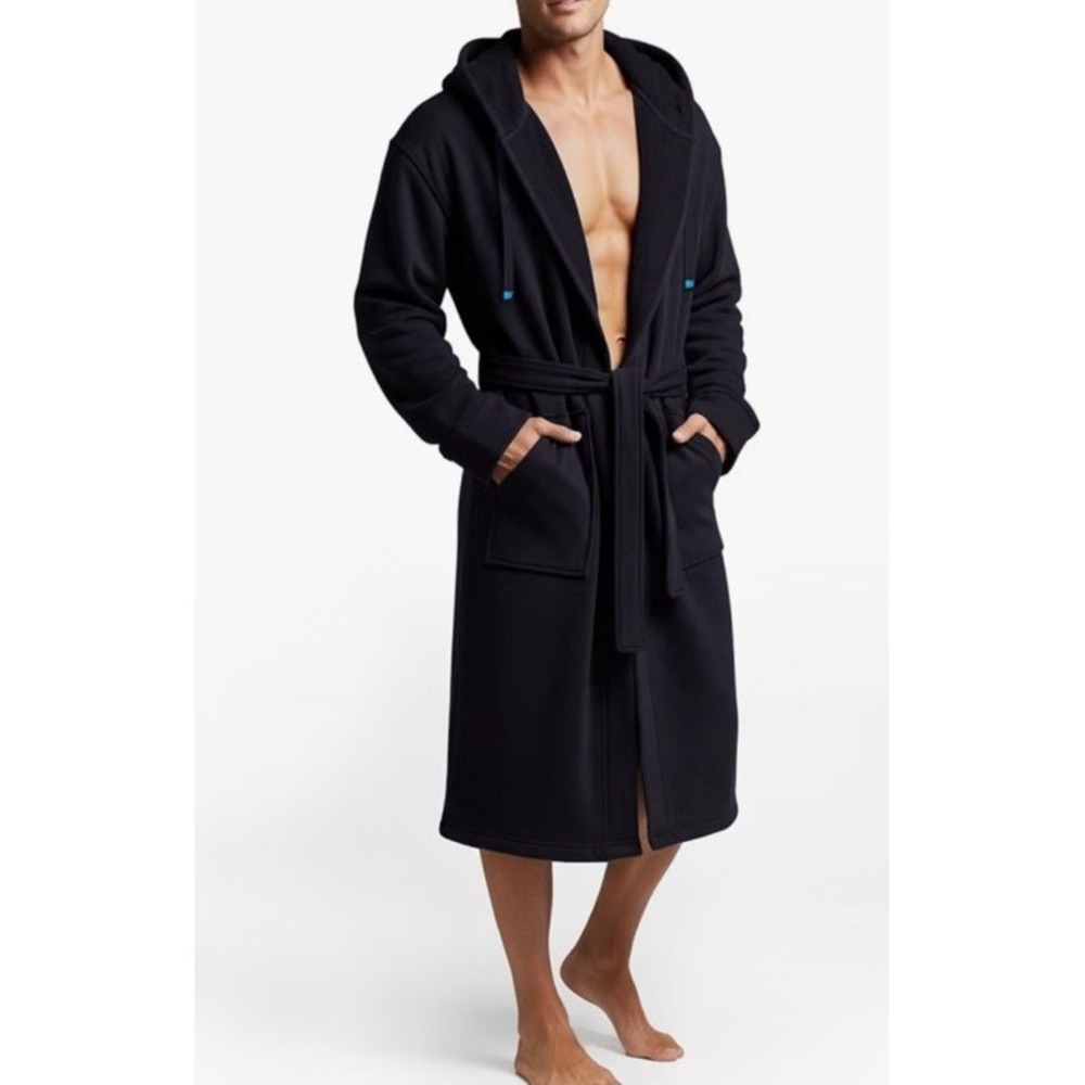 DudeRobe Hooded Bathrobe Black Cotton Terry Towel Lined Men S/M Pockets